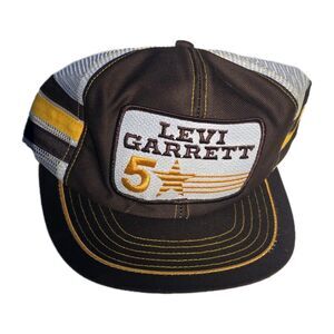 Vintage Levi Garrett #5 Racing Trucker Hat Brown Yellow Snapback Mesh USA Made